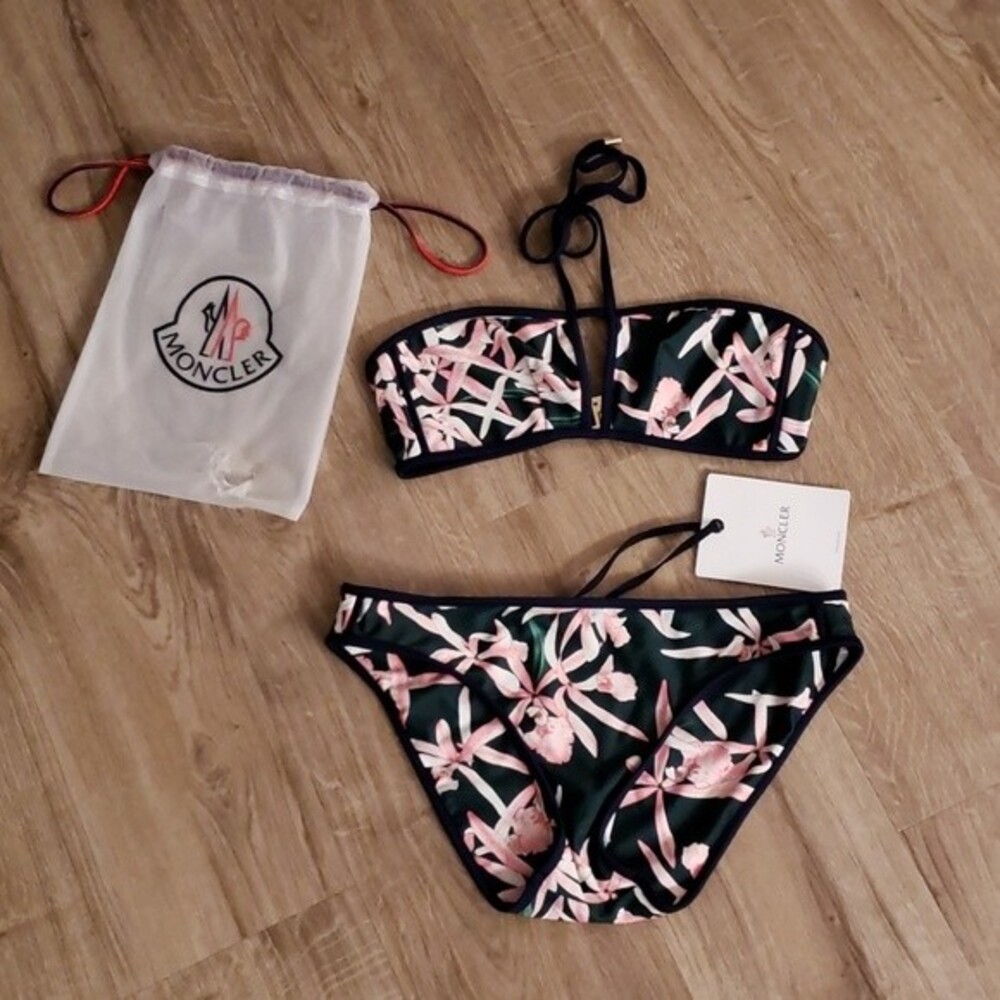 MONCLER Green Pink Floral Bikini Set Size Medium New Feminine Edgy Summer Luxury